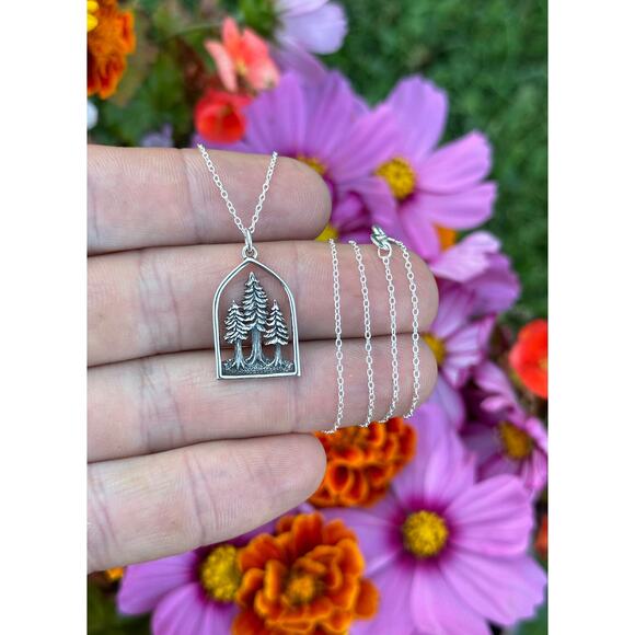 Sterling Silver Three Pine Trees Forest Necklace - Picture 2 of 4